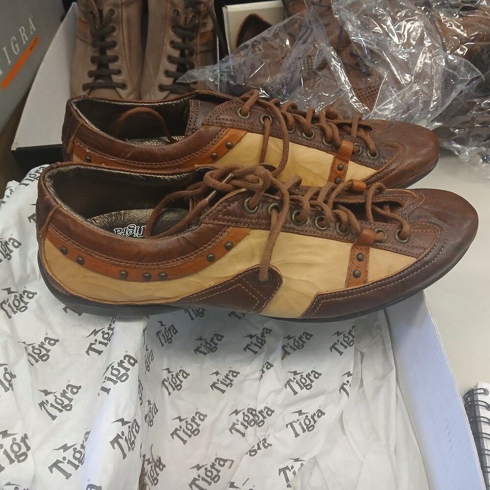 Multi colored leather sneakers.